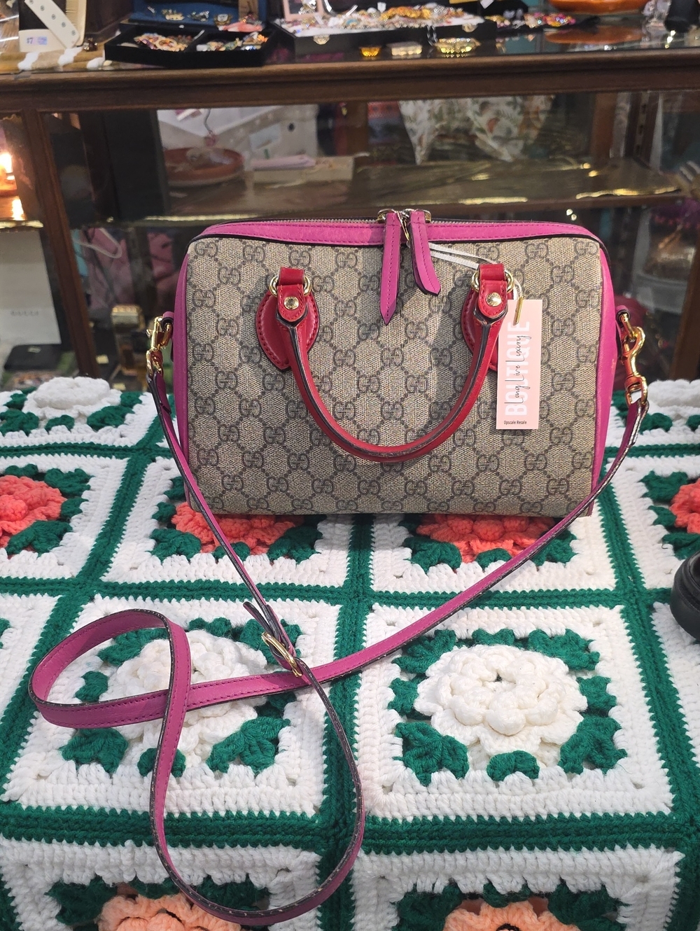 Gucci GG Supreme Boston Satchel with Pink And Red Accents